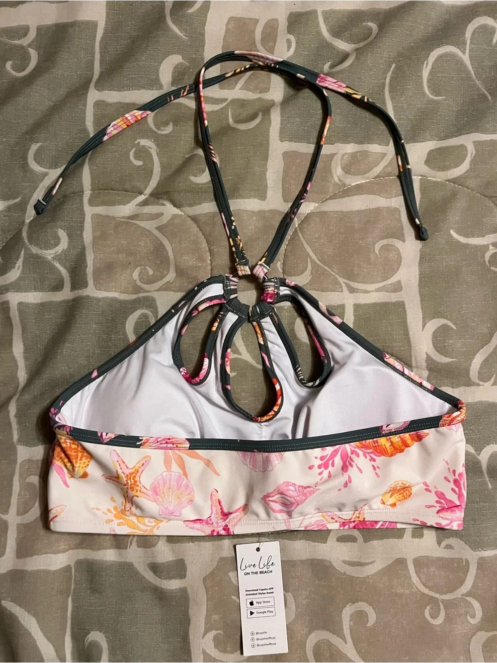 Cupshe Women's White Pink Shell Print Bralette Halter Swim Top Size M